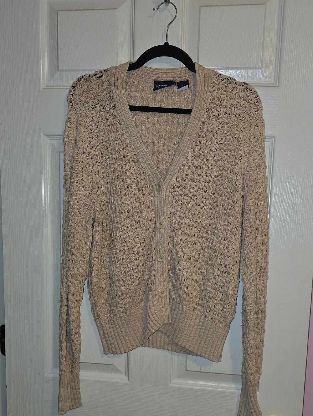 Liz Claiborne Beige Open-Weave V-Neck Button Cardigan